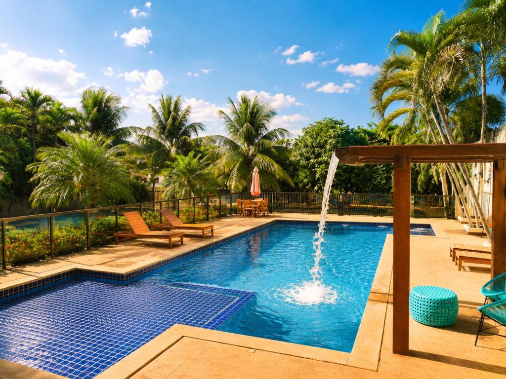 a swimming pool with a fountain in a resort at Pousada Voo das Garças in Bonito