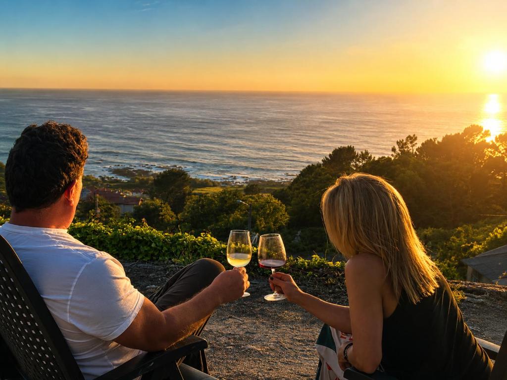 a man and woman drinking wine while watching the sunset at Holibai Mirada do Roxo 3 suites y vistas al mar in Oia