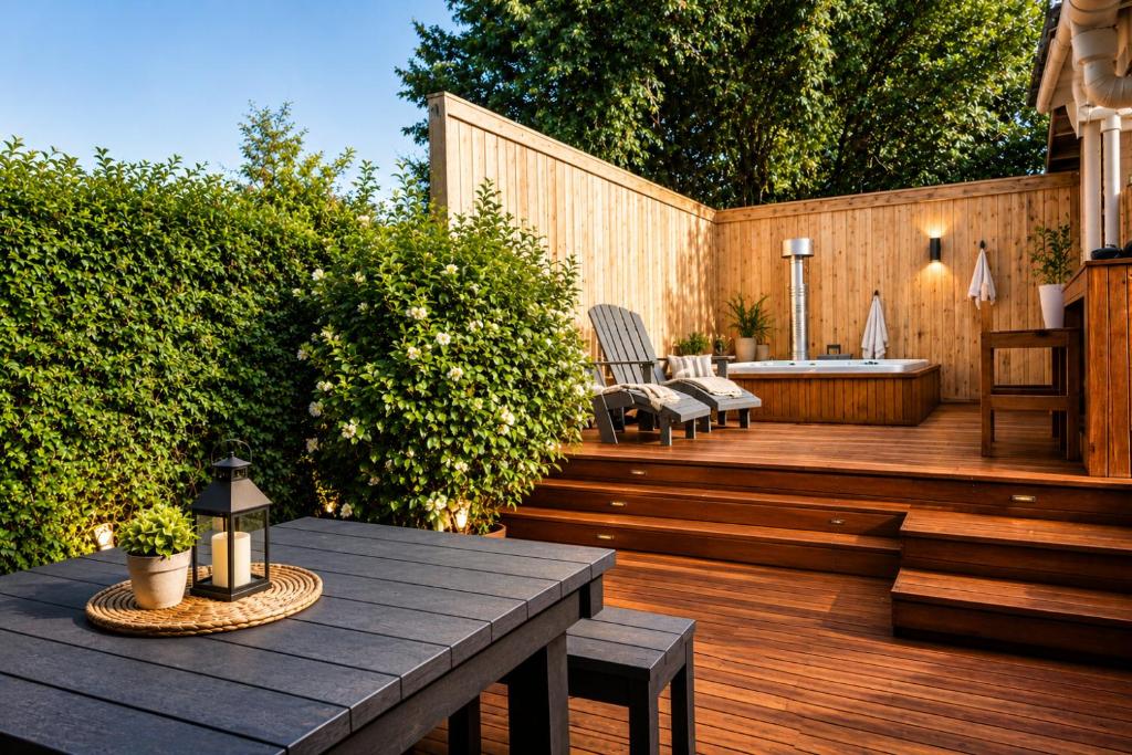 a wooden deck with a table and chairs on it at Hilton Hideaway in Hilton