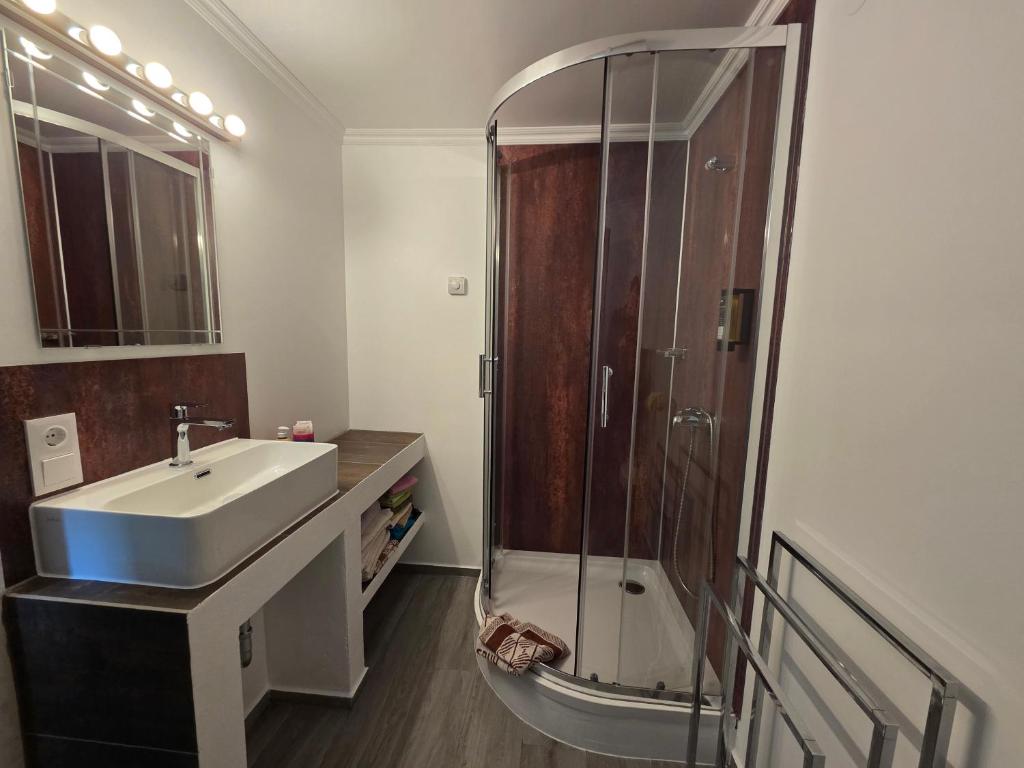 a bathroom with a sink and a shower at Ferienhaus AUEN mit Seezugang in Velden am Wörthersee