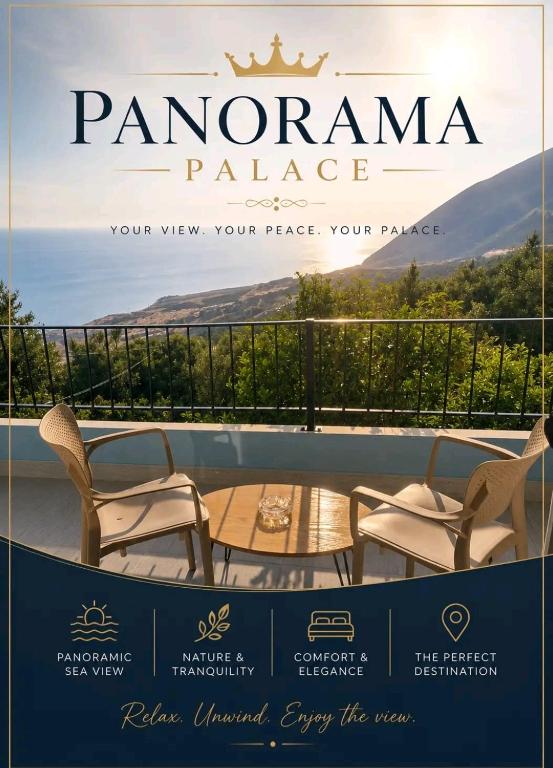 a sign for a panoramic palace with chairs and a table at Panorama Palace 1 in Palasë
