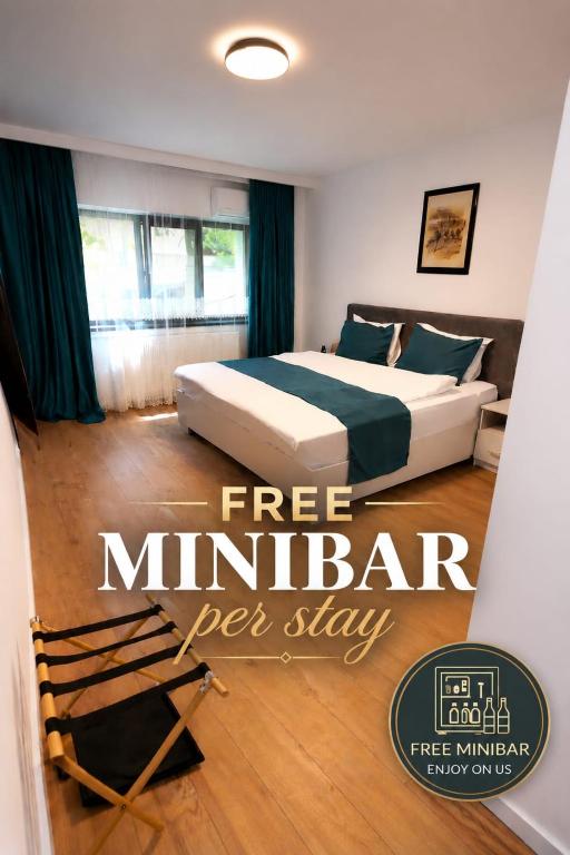 a poster of a bedroom with a bed and a chair at 3 Baneasa Airport in Bucharest