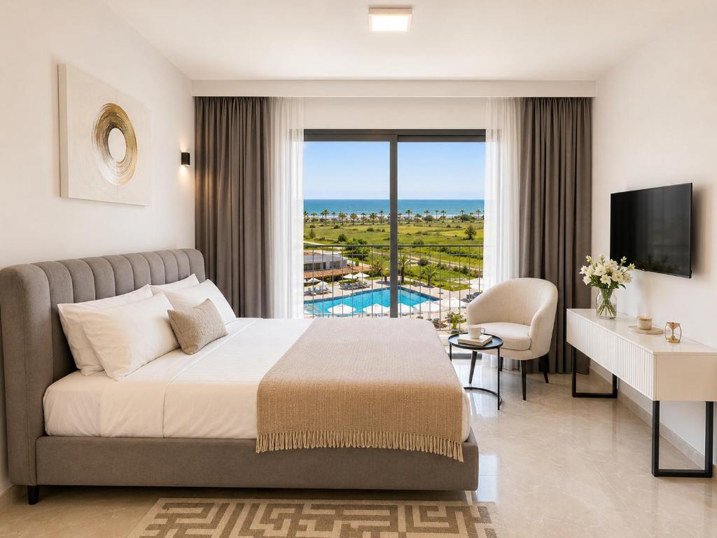 a hotel room with a bed and a desk and a television at Rıversıdelıfe Iskele 164 in Vuda