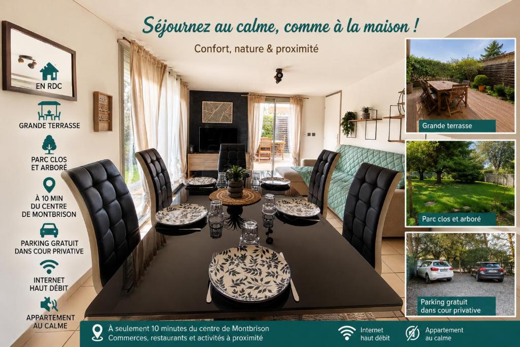 a flyer for a furniture store with a table and chairs at ''Le Nid du Forez'' appartement 2 chambres , parking gratuit ,terrasse privative in Prétieux