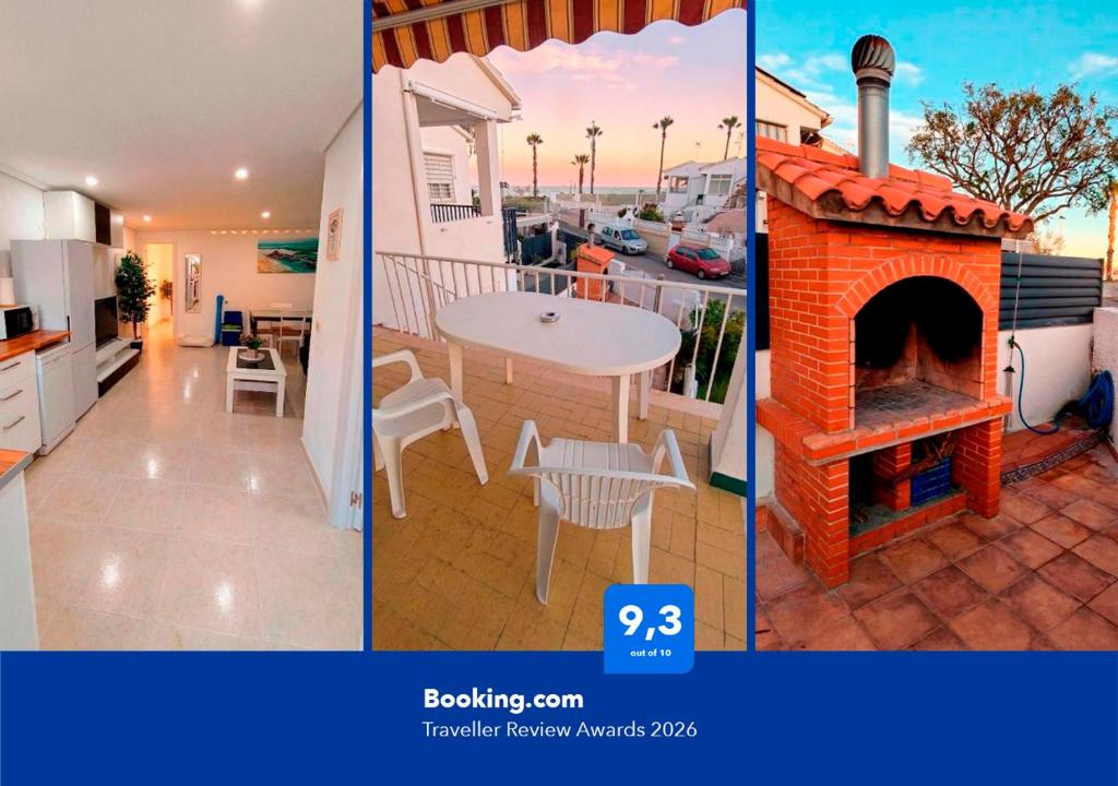 a collage of three pictures of a house with a brick fireplace at Apartalux Benicassim Premium in Benicàssim