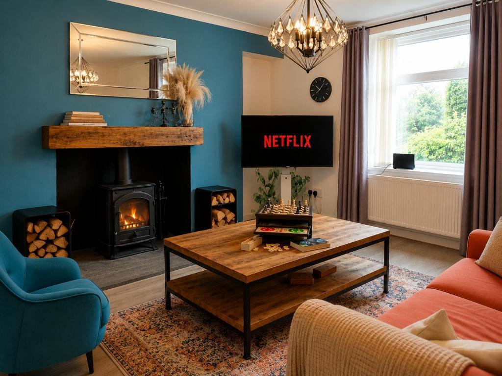 a living room with a table and a fireplace at Afan Forest Retreat Bikes, Pets, Family,Workers in Cymmer