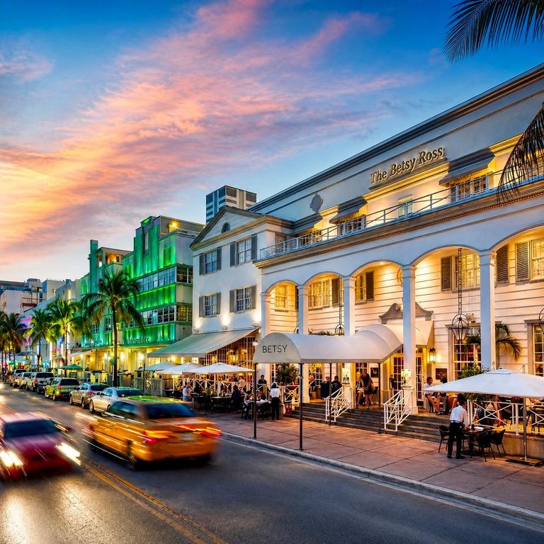 a busy city street with cars driving past a building at The Betsy Hotel, South Beach in Miami Beach