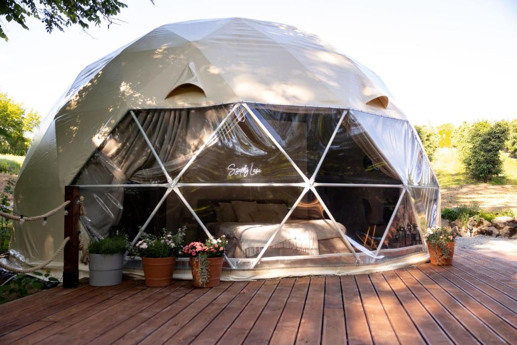 a iguana tent on a deck with potted plants at Sandomierskie Szepty Lasu - Glamping Sandomierz in Gałkowice