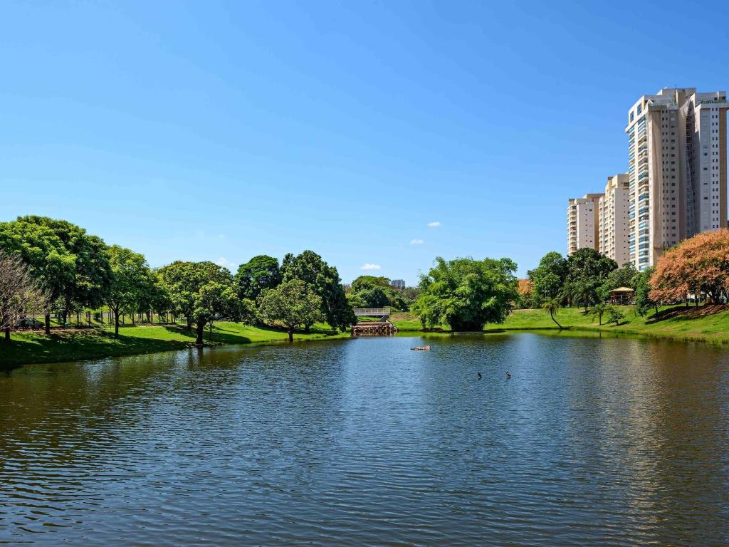 a pond in a park with ducks in the water at ibis Ribeirao Preto Shopping in Ribeirão Preto