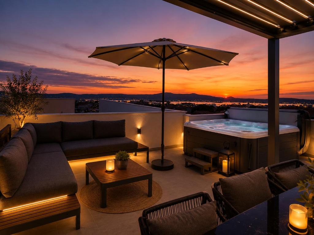 a living room with a couch and a hot tub at Sunset Aura in Sukošan