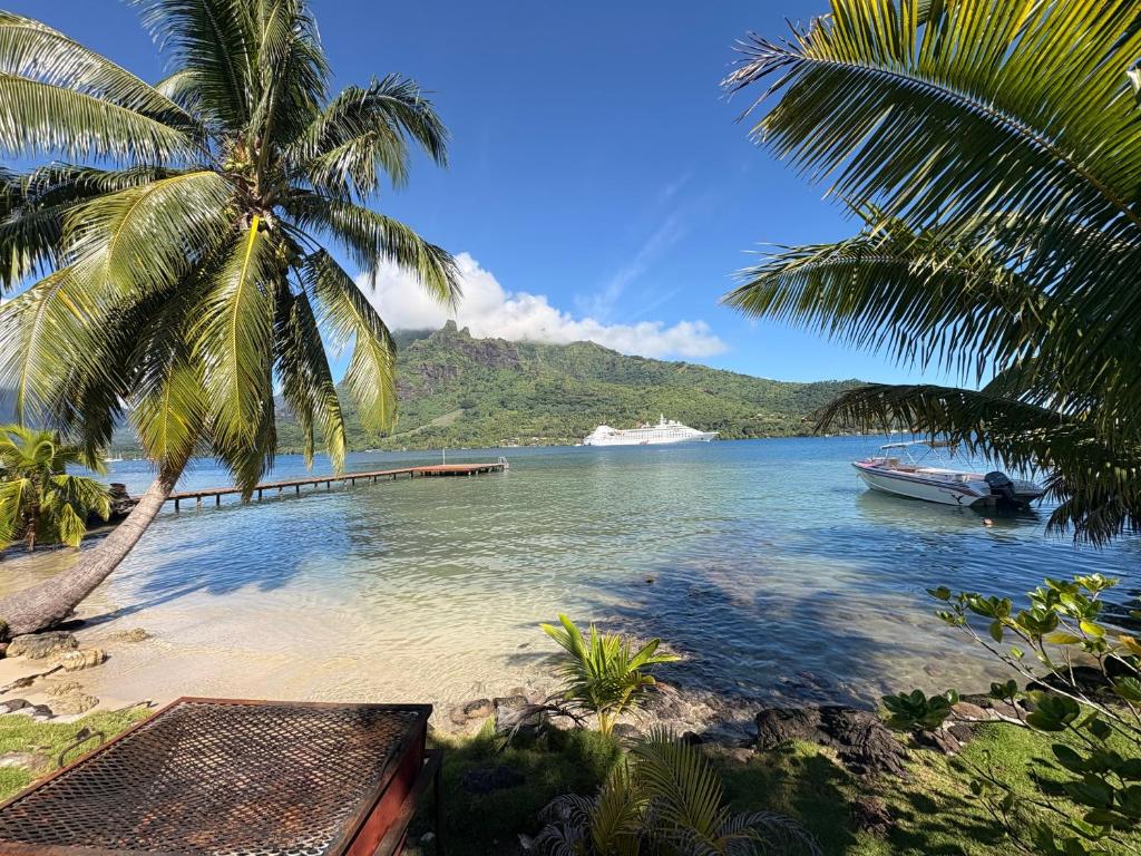 a beach with palm trees and a boat in the water at Fare Maeva in Paopao