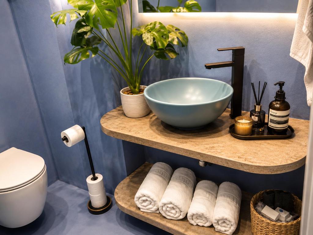 a bathroom with a bowl sink and towels on a shelf at Rouchotas Studios by Viktor 1rst Floor in Argostoli