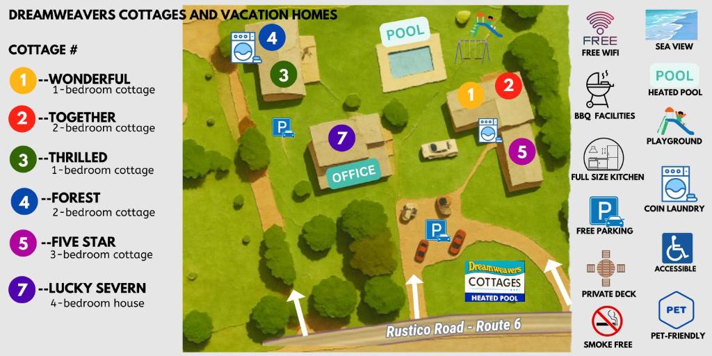 a map of a park with buildings and signs at Dreamweavers Cottages and Vacation Homes in Rustico