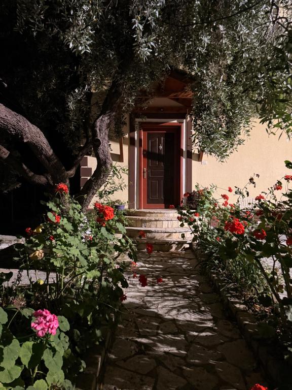 a house with a red door and some flowers at Borsh Grove Villa in Borsh