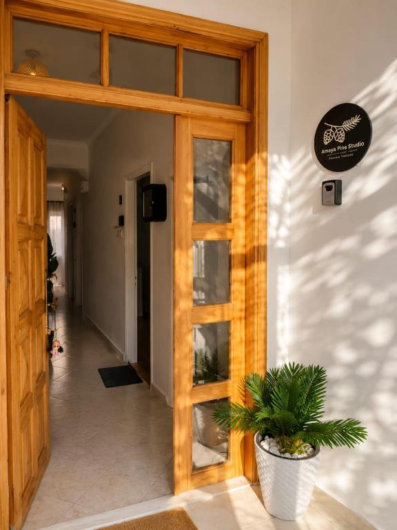 a door leading into a hallway with a potted plant at Amaya Pine Studio in Panagia