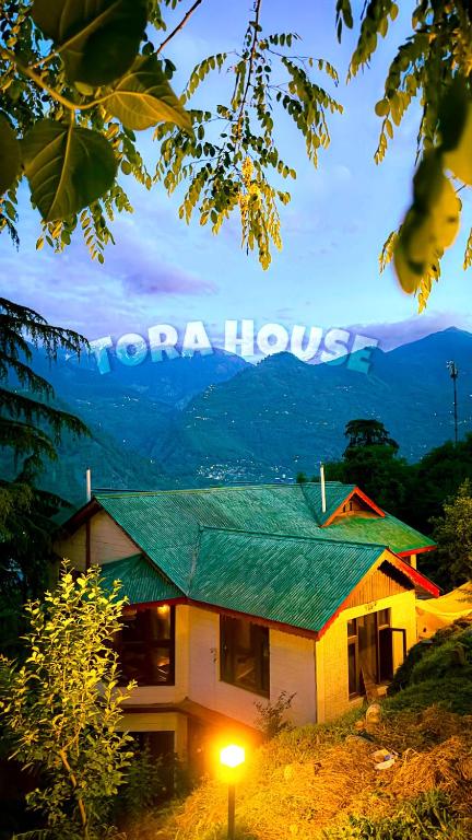 a house with a green roof with a light in front at Tora House in Nagar