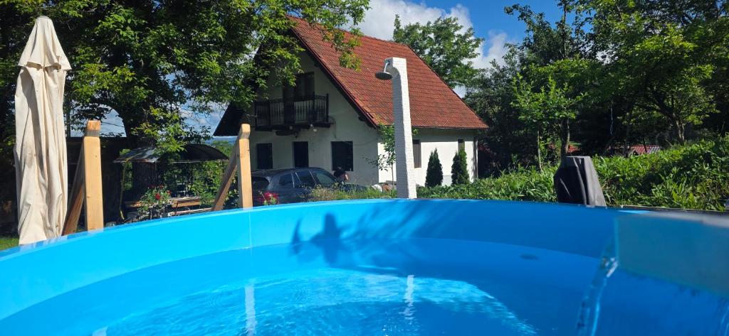 a large blue swimming pool in front of a house at Pilisca Holiday Home in Dobîrlău