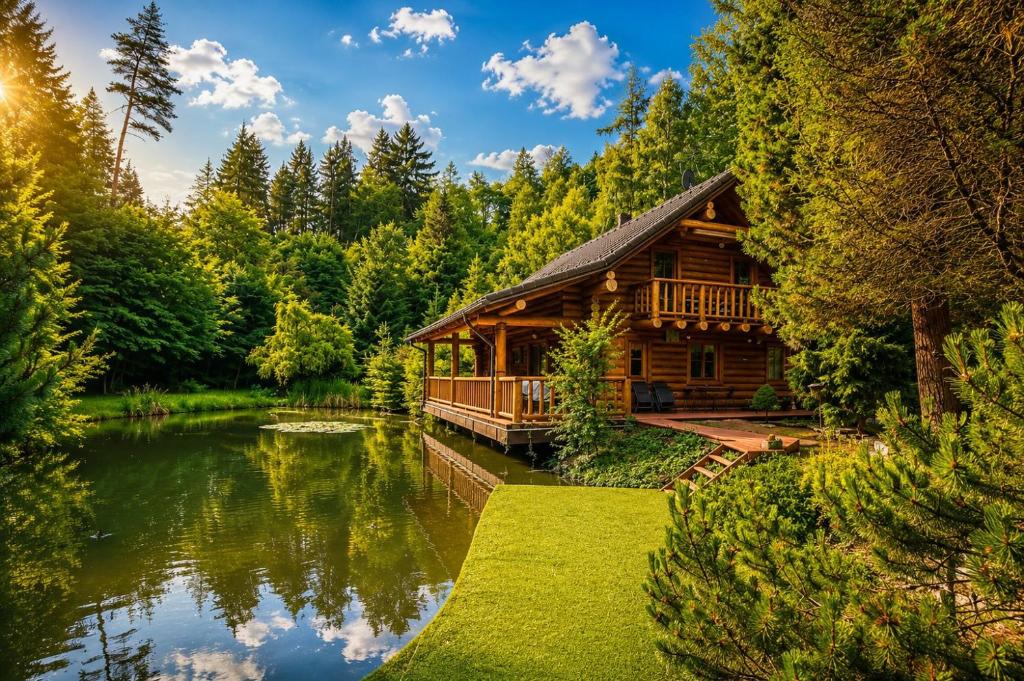 a log cabin in the woods next to a lake at Pohádkový Srub Salaš in Salaš