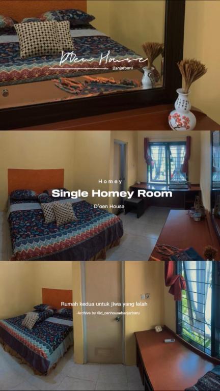 a collage of three pictures of a room with a bed at D'Oen House Banjarbaru in Banjarbaru
