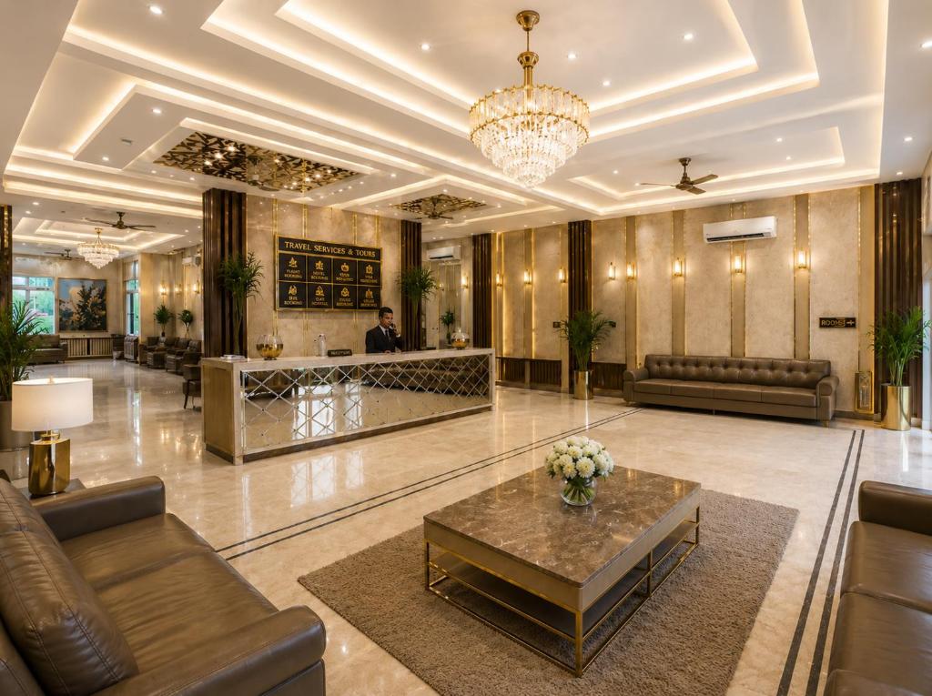 a lobby of a hotel with couches and a table at Hotel Luxury Stay Igi Airport Delhi in New Delhi
