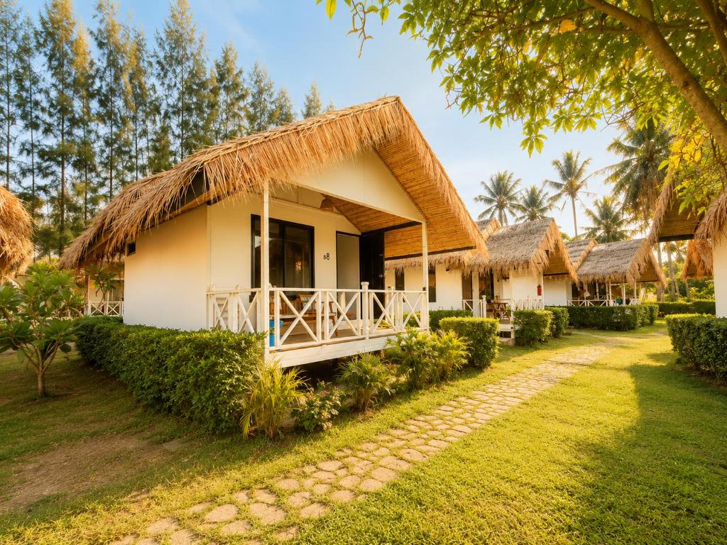 a cottage in a resort with a thatched roof at Phangan Chalet Bungalows in Chaloklum