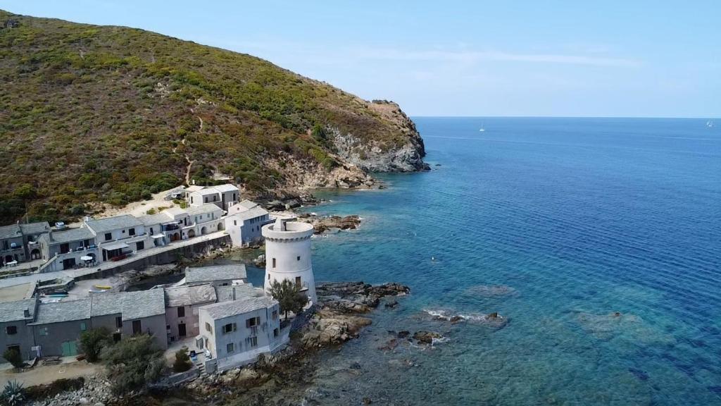 a lighthouse on the side of a hill next to the ocean at Maison de pêcheur les pieds dans l'eau in Ersa