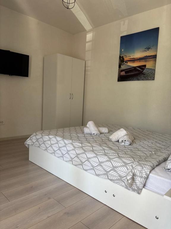 a bedroom with a large bed with a tv on the wall at Kale Apartments Trpejca SUP and bikes included in Ohrid