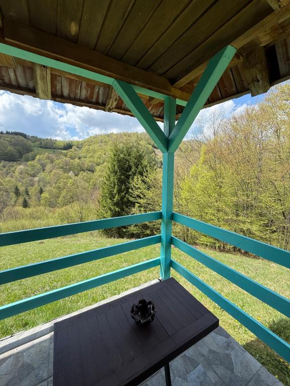 a table on a porch with a view of the mountains at Turizam Raković in Ivanjica