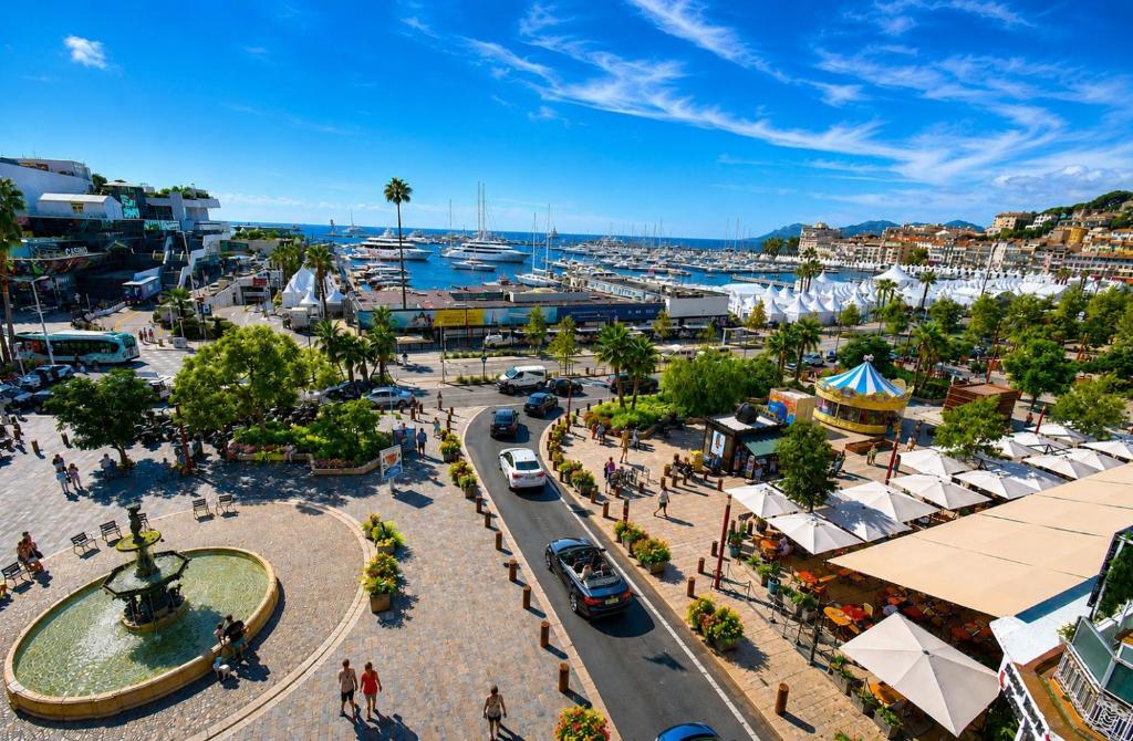 an aerial view of a city with a marina at Duplex Luxe Vue Mer Face Palais des Festivals et Vieux Port 5 Couchages in Cannes