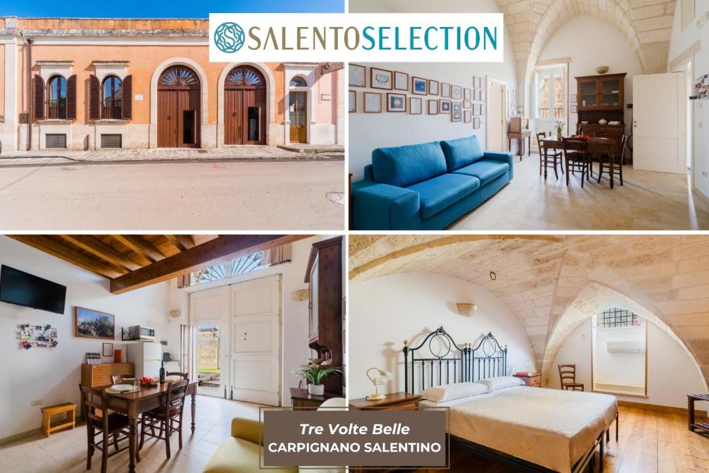 a collage of photos of a house with a blue couch at Tre Volte Belle - Salento Selection in Carpignano Salentino