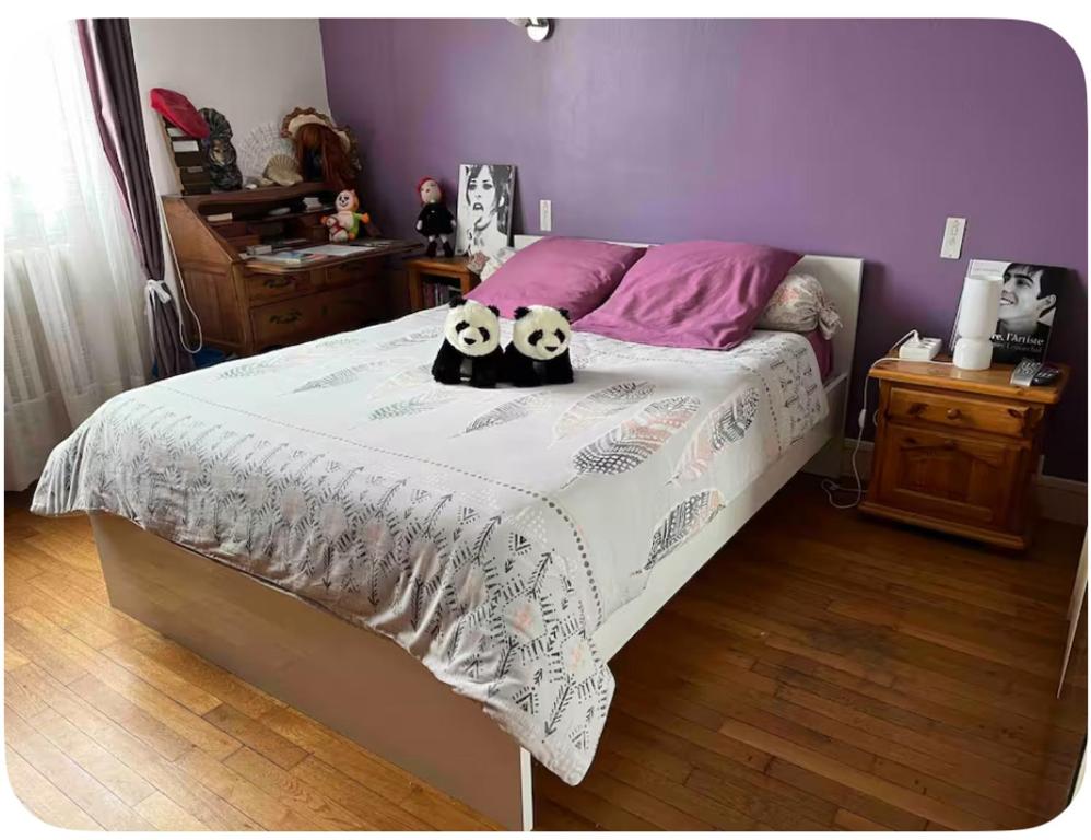 a bedroom with a bed with two hello kitty pillows on it at Chambre calme Beauval Chateaux in Montrichard