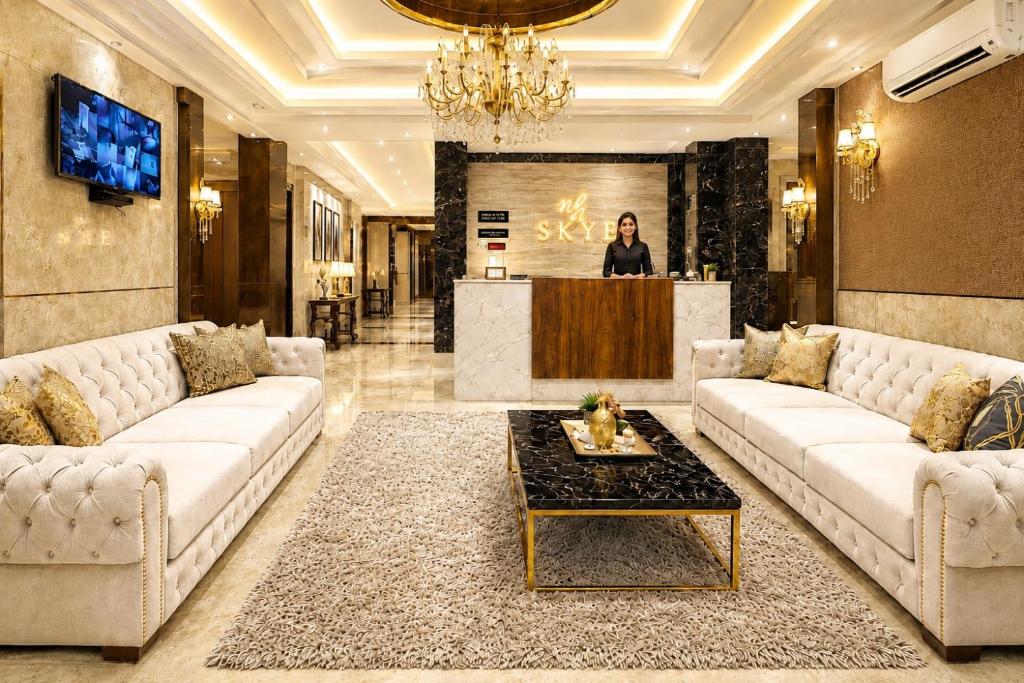 a lobby with couches and a woman standing at a counter at Airport NH Skye Suites Hotel Terminal 3, Delhi International Airport With - Free Airport Pickup in New Delhi
