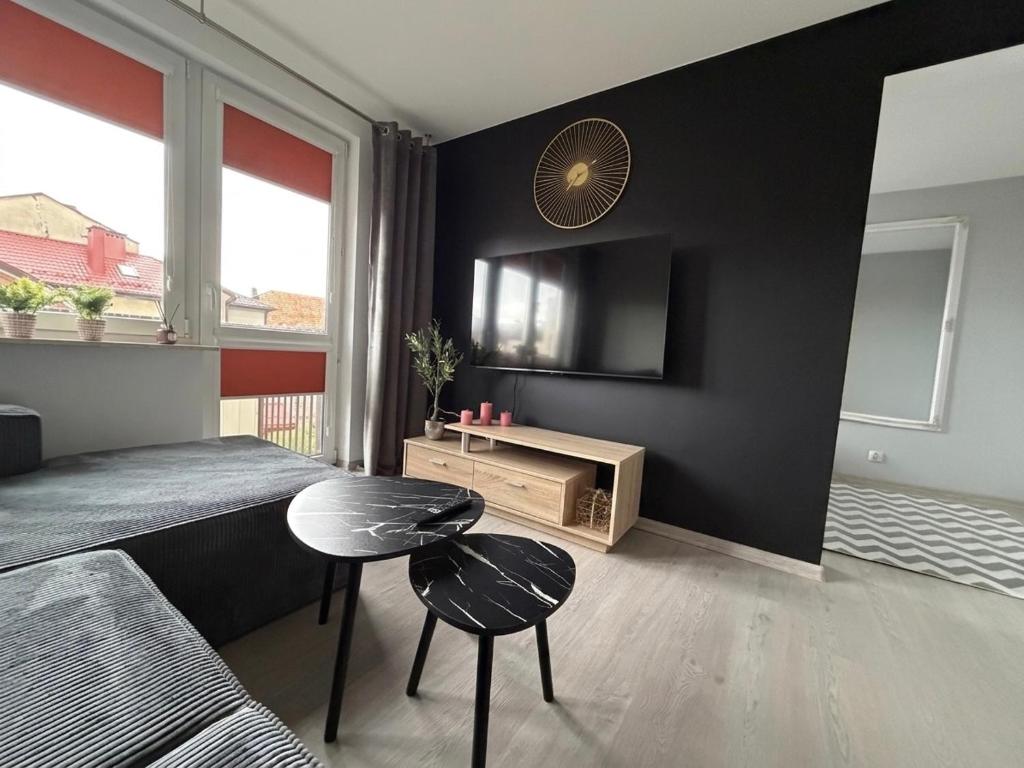 a room with a bed and a table and a tv at Apartament Staropijarska in Łuków