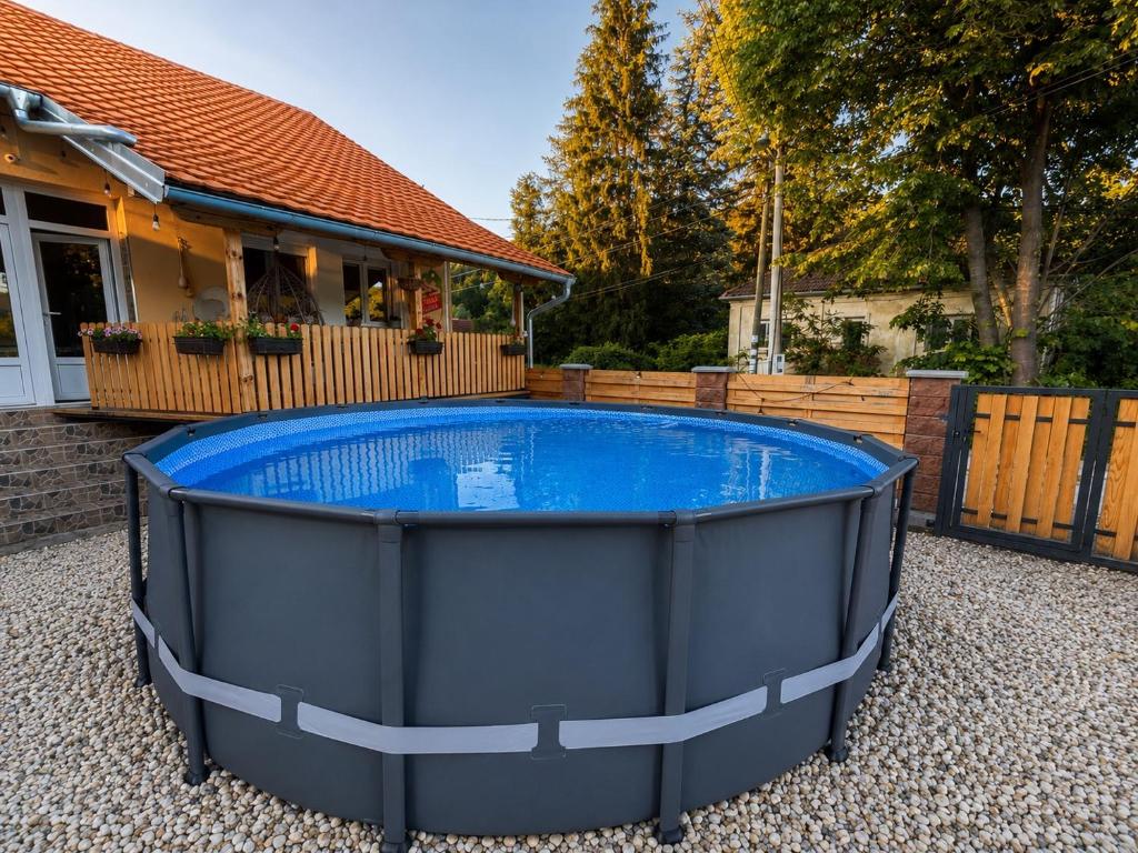 a large blue swimming pool in front of a house at Dragoljski Konaci in Dragolj