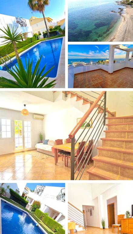 a collage of pictures of a house with a pool at Meerblick Pool Direkt am Strand in Cuevas del Almanzora