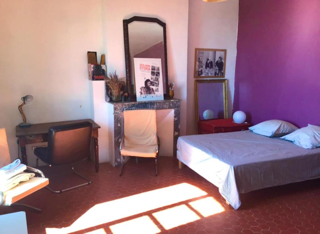 a bedroom with a bed and a desk and a mirror at Beautiful studio with a beautiful view in Lurs