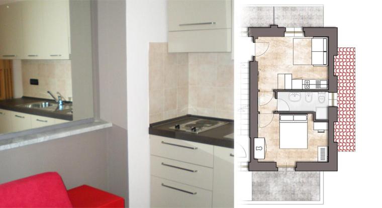 two pictures of a kitchen and a floor plan at Il Poggio Agrisport in Poirino