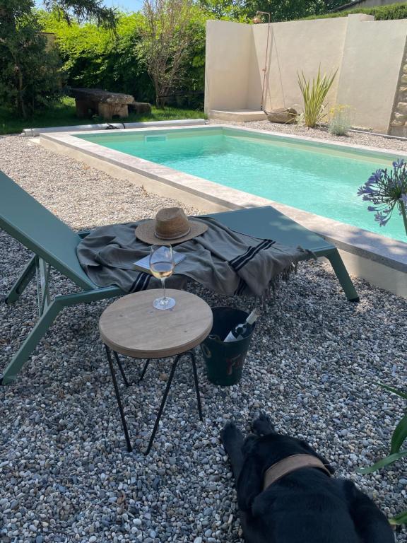 a dog laying next to a table next to a pool at La Bastide Chamarrée in Camaret-sur-Aigues