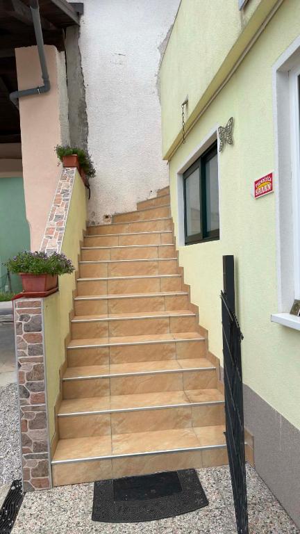a staircase leading up to a building with potted plants at Apartma SAAAN in Šempas