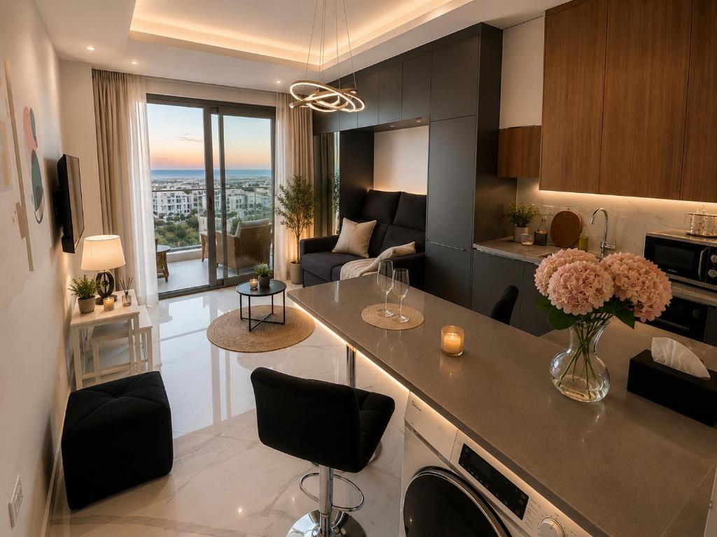 a kitchen and living room with a living room at Studıo Iskele 150 in Aglantzia