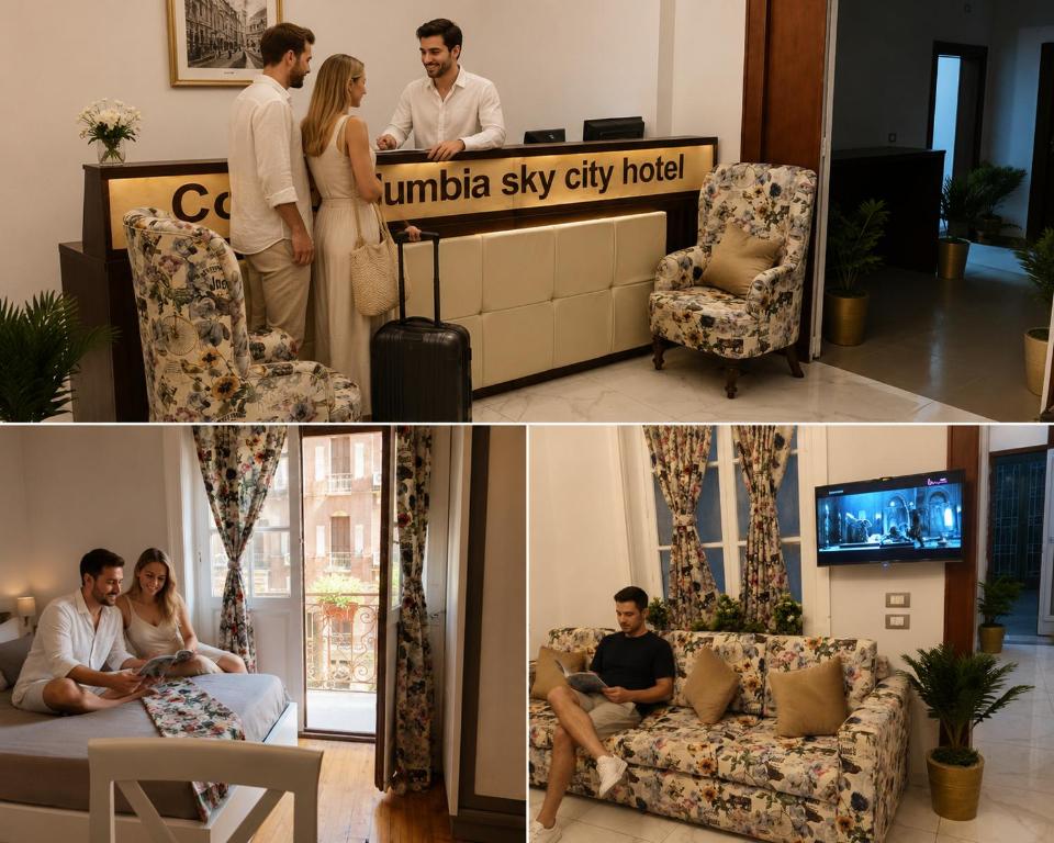 a bride and groom getting ready in a hotel at columbia sky city hotel in Cairo
