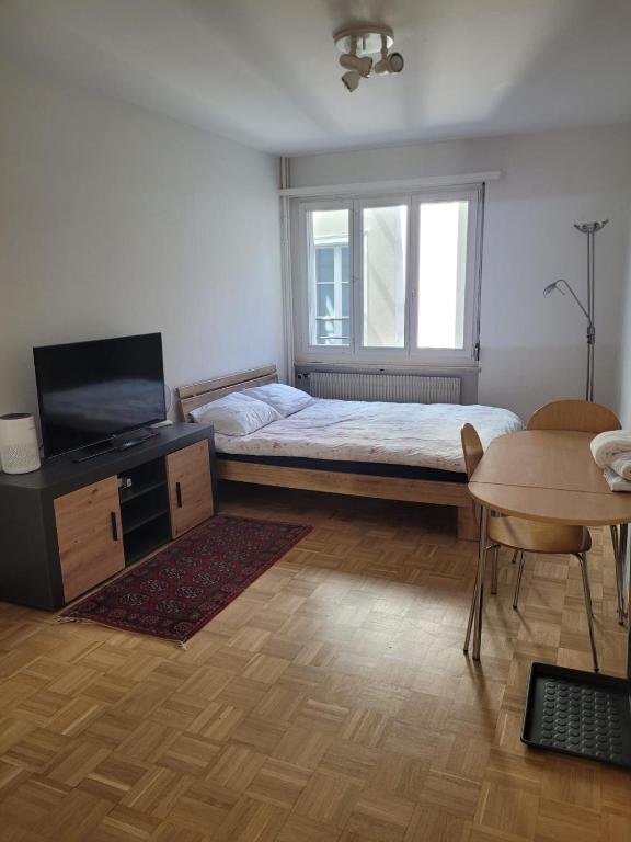 a bedroom with a bed and a tv and a table at 1 Flat-Room Bern in Bern
