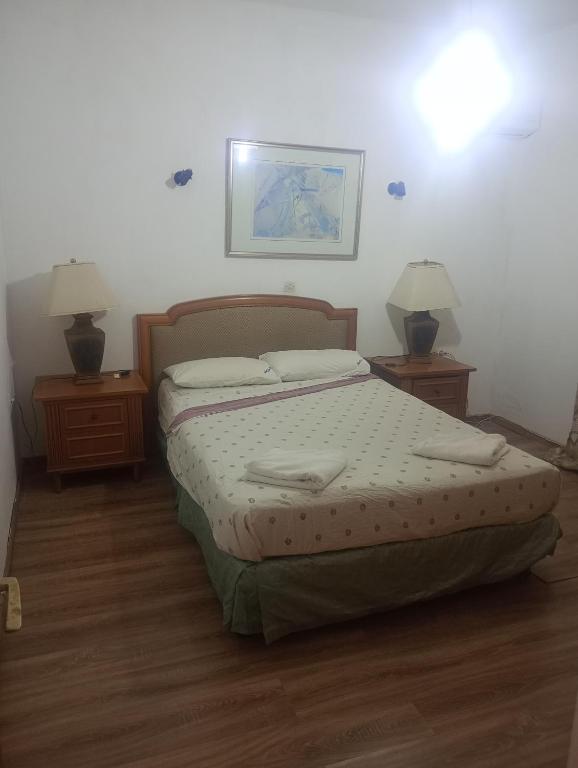 a bedroom with a bed with two nightstands and two lamps at Rallis village in Akrata