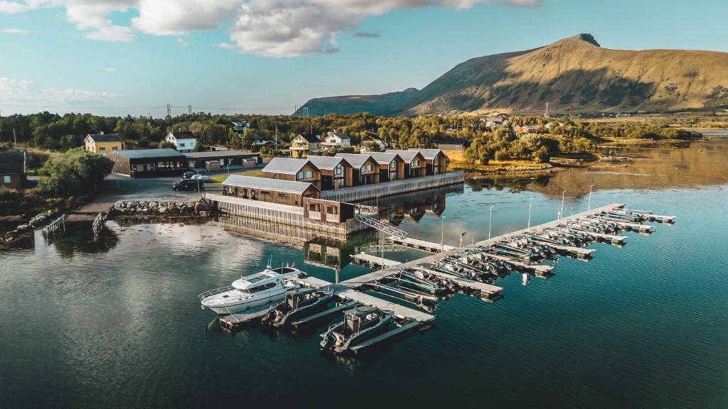 an aerial view of a marina with boats in the water at Risøyhamn Sjøhus AS in Risøyhamn