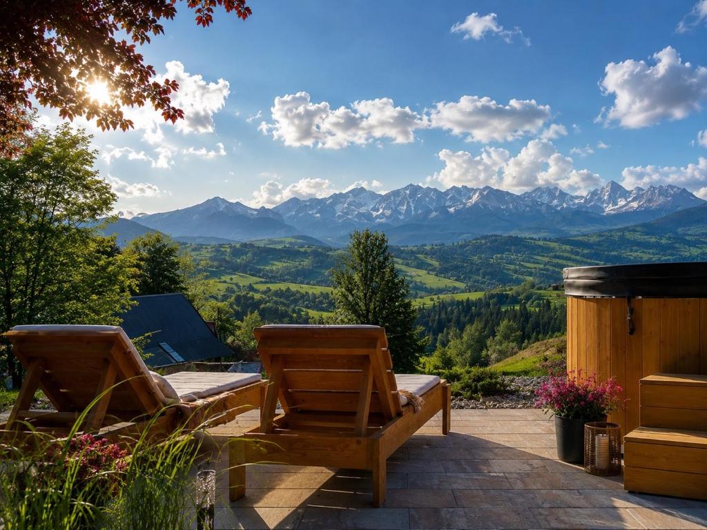 two chairs on a patio with mountains in the background at Domek Zyngierka Tatra View - balia I sauna na wyłączność in Bańska Wyżna