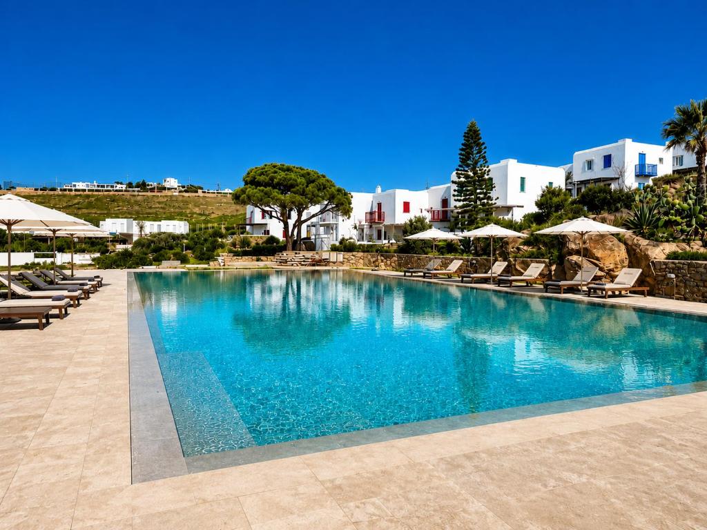 a swimming pool with chairs and umbrellas at a resort at Beachside Double Storey maisonette with pool in Mikonos