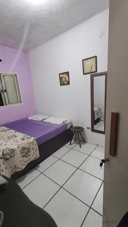 a bedroom with a purple bed and a mirror at Nomah Hostel in Sao Jose do Rio Preto