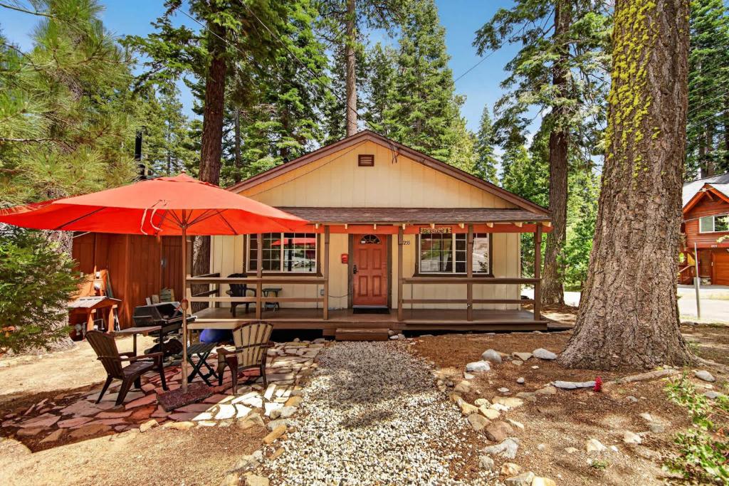 a small cabin in the woods with a red umbrella at The Rustic Pine 2BDR Cabin in Tahoma