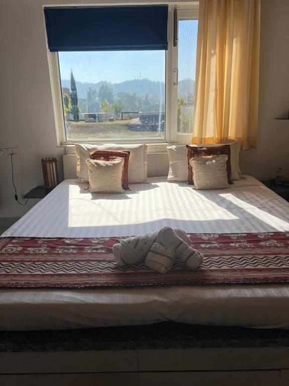 a large bed in a room with a large window at Dalipfarm River View Guestroom in Surajpur