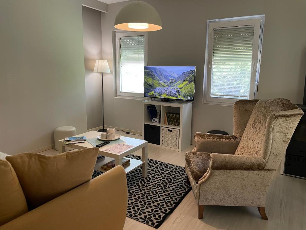 a living room with a couch and a tv at Vila Bilja in Požega